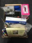 Two boxes of book binding tool, Royal Cutter embosser knife set, cooking trays, soft furnishings,