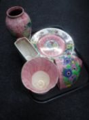 A tray of six pieces of Maling pink lustre ware