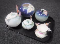 A tray of Franz five piece tea for one together with two further Franz vases