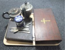 A tray of plated wares, teapot and coffee pots, set of butter knives,