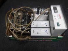 Box of two GS1 west wind control boxes, thermo scientific floatation bath,