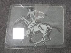 Three glass panels depicting a bull, map of south America,