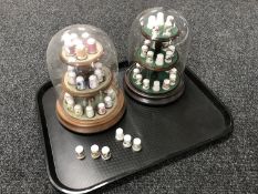 A collection of china thimbles, Song birds of the world and flowers on wooden stands under domes.