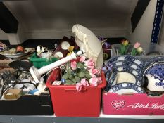 Ten assorted boxes and crates and a basket of assorted china, antique blue and white dinner ware,