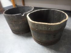 A pair of oak coopered whisky barrel planters