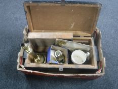 A box of painted antique pine tool box, signed monochrome engraving,