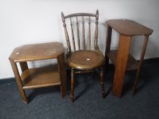 An ibex chair together with two oak two-tier occasional tables