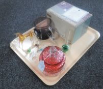 A tray of Cranberry glass dish,