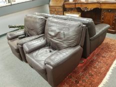 A pair of contemporary brown leather electric reclining armchairs, width 98 cm.