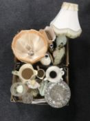 Two boxes of assorted table lamps, pottery vases, Royal Albert vases, contemporary figure,