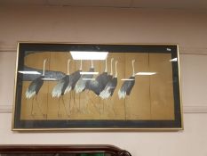 A Japanese gilt framed print depicting herons, 110 cm x 57 cm, framed.
