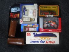 A tray of two tin plated pullman railway carriages, die cast toys including Corgi Jaguar, Days gone,