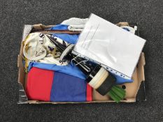 A box of militaria, inert anti tank projectile, truncheon, brass figure of helicopter on stand,