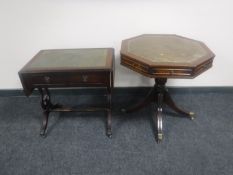 A mahogany flap sided sofa table with green leather inset panel together with a mahogany octagonal