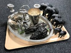 A tray of assorted plated wares, silver egg cup,