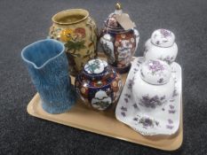 A tray containing a H & J Woods Indian Tree vase, Wade embossed jug,