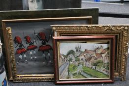 Five oil paintings and a print - Tribal dancers, Village scenes etc.