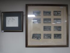 A framed montage of twelve colour-tinted postcards depicting bullfighting scenes, 68 cm x 68 cm,