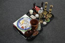 A pair of amethyst glass Avon perfume bottles, pair of Victorian brass candlesticks,