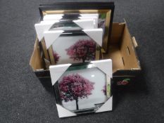 A box containing seven mirrored framed prints together with two 3D pictures of cats and dogs