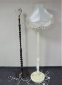 An oak barley twist standard lamp and one other painted lamp