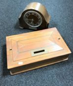 A Victorian inlaid suggestion box (locked) together with an oak cased Art Deco mantel clock