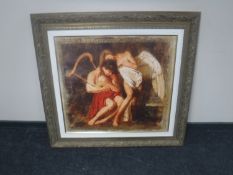 A gilt framed Tomasz Rut giclee print on canvas - man with harp and female angel,