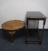 An oak barley twist occasional table together with a walnut pie crust edge Queen Anne style coffee