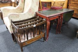 A mahogany Canterbury together with a nest of three glass topped tables and flap sided table