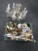 An antique glass eight branch chandelier with glass drops together with a further box containing