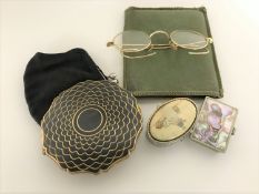 A box of tortoiseshell compact and one other, vintage spectacles, purse,