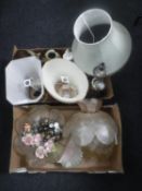 Two boxes of assorted lamp shades, gilt cherub chalk lamp base, porcelain headed doll,