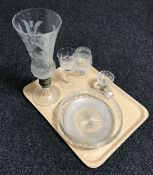 A tray containing Edinburgh crystal hurricane lamp, brandy glass and fruit bowl,