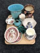 A tray of assorted china : Royal Doulton figure ballet shoes HN 3434, Ringtons bowl, Masons vase,