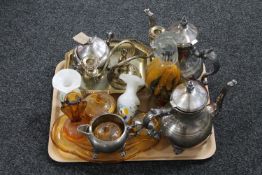 A tray of four piece plated tea service, plated basket and table candelabra,
