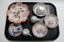 Eight pieces of antique and later Chinese porcelain : scalloped edged dish, tea bowl and saucer,