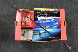 A box containing assorted books, The Beatles etc, Only Fools and Horses box set, Meccano set,