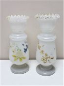 Two Victorian hand painted milk glass vases