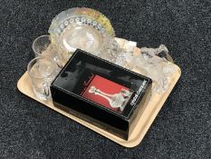 A tray of glass ware : pair of tankards, crystal decanter, liqueur glasses, paperweights, R.C.R.