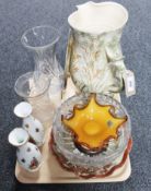 A tray of assorted glass ware, large pottery vase, pair of Royal Albert Old Country Roses vases,