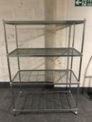 A four tier metal catering shelf