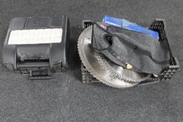 A crate of seven metal saw blades, cloth tool bag, 24 JCB drill in case,