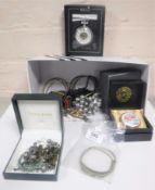 Two white metal bangles together with a quantity of costume jewellery.