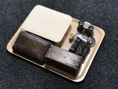 A tray of mid 20th century dressing table set, two wooden trinket boxes,