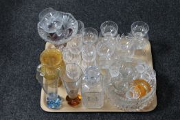 A tray of assorted glass ware including decanter, glass bowls,