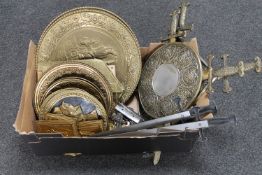 A box of a quantity of assorted brass wall plaques depicting vintage cars, ships etc,