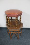 A hexagonal carved oak occasional table on barley twist legs together with a similar stool