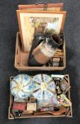 Two boxes of West German jug, framed watercolour, mirrored serving tray, assorted prints,