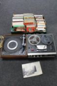 A Garrard turn table together with a Sony Stereo tape recorder TC-230 and box of reels
