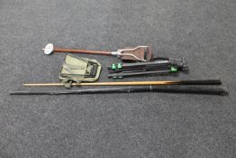 A Thurston & Company snooker cue in case, camera tripod,